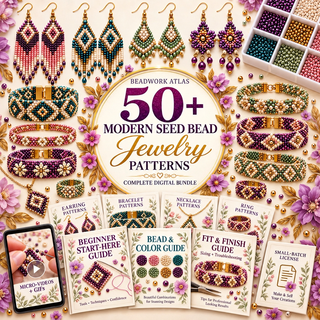 Digital seed bead jewelry pattern collection shown on a tablet with finished handmade beaded earrings