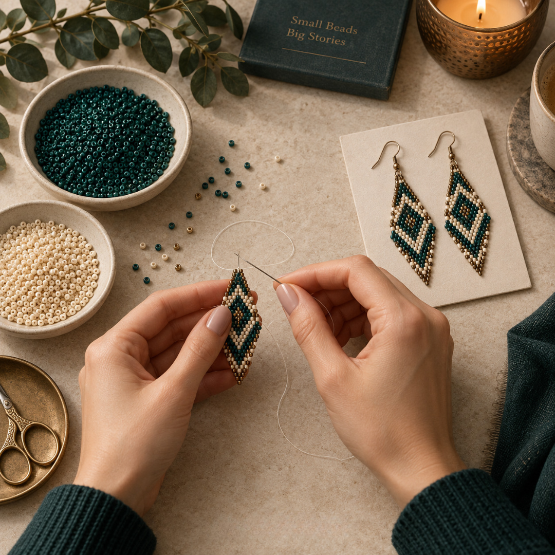 Woman beading a seed bead bracelet at a table while following the digital pattern on a tablet